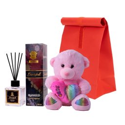 Set Fluffume cu ursulet de plus si parfum camera in punga cadou