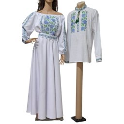 Rochie damă și ie bărbătească brodate tradițional, set damă - bărbat, bleu-verde - LLDJ502004
