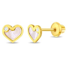 Cercei din Aur 14K pentru Copii, model Inima cu Sidef si Piatra CZ, inchidere cu Filet si Protectie