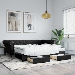 Pat de zi cu extensie si sertare negru 90x200cm piele ecologica GartenMobel Dekor