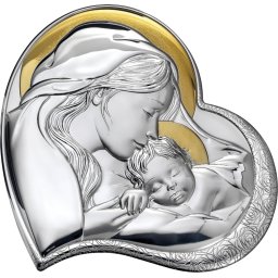 Icoana argintata Sfanta Fecioara Maria si Pruncul Isus - Inima 3 (Dimensiune icoana: 11 x 11 cm)