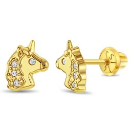 Cercei din Aur 14K pentru Copii – Unicorn cu Pietre CZ, inchidere cu Filet si Protectie