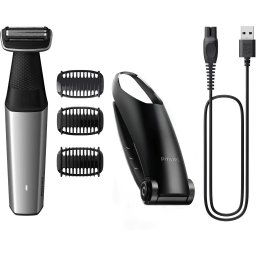 Aparat de tuns/ras corporal PHILIPS BG5021-15 seria 5000, folie hipoalergenica, autonomie 60 minute, timp incarcare 1 ora, functie incarcare rapida 5 minute, 3 x pieptene pentru corp (2, 3, 5 mm), maner pentru spate, Argintiu