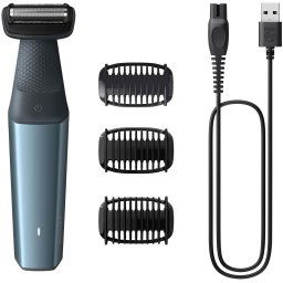 Aparat de tuns/ras corporal PHILIPS seria 3000 BG3027/05, folie protectie piele, autonomie 60 min/ timp incarcare 1 ora, functie incarcare rapida 5 minute, 2 x pieptene bidirectional (3 si 5 mm), Albastru