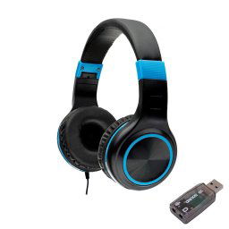 CASTI Spacer, cu fir, standard, utilizare multimedia, microfon pe fir, pliabile, banda ajustabila, conectare prin adaptor USB 2.0 sau Jack 3.5 mm x 2, negru&albastru