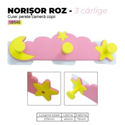 Cuier perete camera copii, Norisor roz, 3 carlige