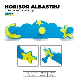 Cuier perete camera copii, Norisor albastru, 3 carlige