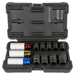 SET DE 12 TUBULARE DE IMPACT DE 1/2" HEXEAGON SPECIAL EXTRACTIE ROTI, dimensiuni tubulare cu protectie : 17, 19, 21mm (85mmL) tubulare fara protectie : 10, 11, 13, 14, 17 19, 22, 24 (38mmL), 27mm (42mmL)