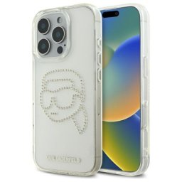Husa Husa pentru iPhone 16 Pro Max - Karl Lagerfeld IML Rhinestones (KLHCP16XHKHDCELT) - Transparent Karl Head