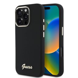 Husa Husa pentru iPhone 16 Pro - Guess Silicone Script Metal Logo & Frame (GUHCP16LSMBSLK) - Black