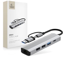 Hub adaptor Tech-Protect HB03 pentru dispozitive cu USB-C, 5-in-1 cu USB 2.0, USB 3.0 și RJ45, space grey