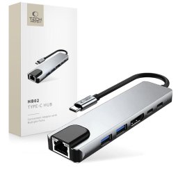 Hub adaptor Tech-Protect HB02 pentru dispozitive cu USB-C, 6-in-1 cu HDMI 4K 30Hz, RJ45 și PD 100W, space grey