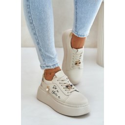 Women's Leather Platform Sneakers With Badges And Vinceza Beige Inscription