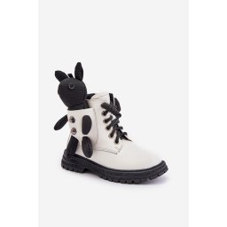 Leather insulated children's ankle boots with zipper with Vinceza bear white