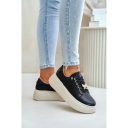 Women's leather platform sneakers with Vinceza brooch black