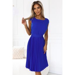 311-16 LILAC Pleated dress with short sleeves and belt - BLUE