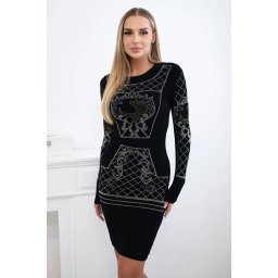 Knitted dress with gold and silver pattern of black cubic zirconia