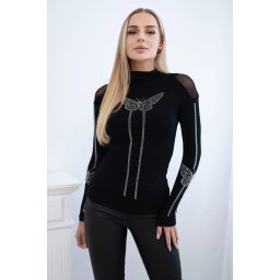 Knitted blouse with a bow tie made of black cubic zirconia