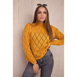 High-neckline sweater with diamond mustard pattern