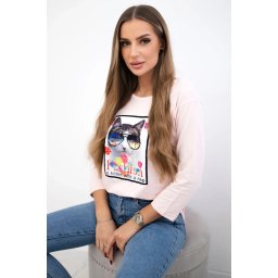 Blouse with cat graphics 3D powdered pinjk