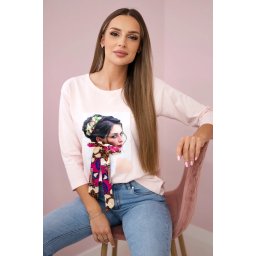 Blouse with graphics and colorful bow 3D powder pink