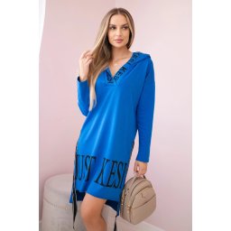 Hooded dress with a purple-blue print