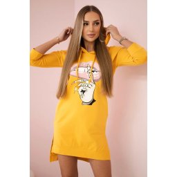 Dress with a longer back and a colorful mustard print