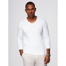 Ombre Men's V-neck SLIM FIT longsleeve with elastane and print - white