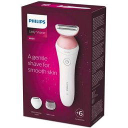 Aparat de ras fara fir umed si uscat Lady Shaver Seria 6000 BRL146/00, Wet&Dry, 10 ore incarcare, 40 min utilizare, Husa, manusa exfoliere, Alb/Roz