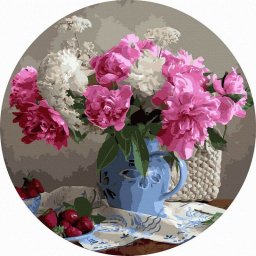 Set pictura pe numere rotunda, cu sasiu, Bujori, O40cm