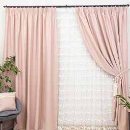 Set 3 piese Hiko, doua draperii opace, Blackout, dimout roz, usor lucios si o perdea Dots, cu rejansa