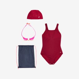 Kit înot Fete: costum de baie, ochelari, cască, geantă - 100 Vișiniu