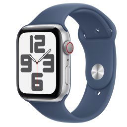 Smartwatch Apple Watch SE (2024), GPS, Cellular, Carcasa Silver Aluminium 44mm, ecran LTPO OLED, 32GB, curea silicon Denim Sport Band M/L, Argintiu/Albastru