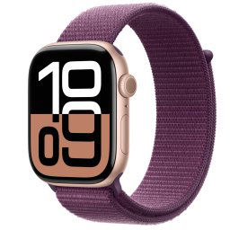 Smartwatch Apple Watch 10 GPS, Carcasa Rose Gold Aluminium 46mm, ecran LTPO OLED, 64GB, curea Plum Sport Loop, Roz/Visiniu