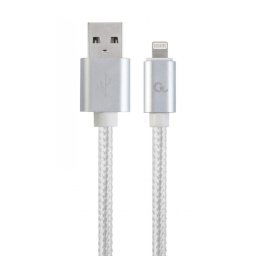 CABLU alimentare si date GEMBIRD, pt. smartphone, USB 2.0 (T) la Lightning (T), 1.8m, premium, conectori auriti, cablu cu impletire din bumbac, argintiu, CCB-mUSB2B-AMLM-6-S