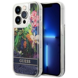 Husa Husă Guess Flower Liquid Glitter pentru iPhone 14 Pro Max, Albastru