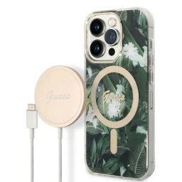 Husa Set Guess GUBPP14LHJEACSA Case+ Charger iPhone 14 Pro 6.1" green/green hard case Jungle MagSafe