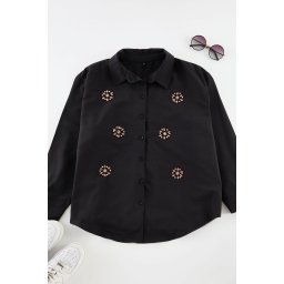 Trendyol Curve Black Large Size Stone Embroidered Poplin Shirt