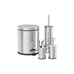 Set de baie zilan 4 in 1 din inox cos menajer de 3 litri, perie wc, dozator sapun lichid, suport periute de dinti rzln4605