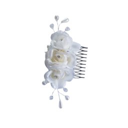 Accesoriu pentru par, trandafiri albi, pietricele (strasuri) si perle albe, cu pieptene de prins - 1 buc
