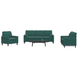 Set canapele cu perne/rulouri, 3 piese, verde închis, catifea GartenMobel Dekor
