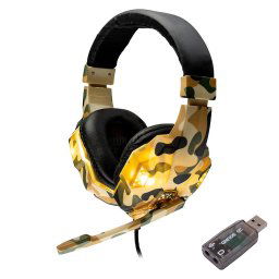 Casti Spacer, cu fir, standard, utilizare gaming, microfon pe brat, conectare prin adaptor USB 2.0 sau Jack 3.5 mm x 2, lumina verde, camuflaj, „SPGH-CAMO-USB