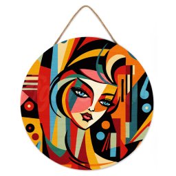 Set pictura pe numere rotunda, pe lemn, Portret de femeie in stil Picasso, O30cm