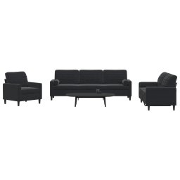 Set de canapele cu perne/rulouri, 3 piese, negru, catifea GartenMobel Dekor
