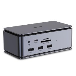 Docking station Lindy, interfete: USB-C la 6x USB-A/ 1x USB-C/1x RJ45/ 1x DisplayPort/1x HDMI/ 1x SD & 1x Micro SD/ 1x 3,5 mm/ 1x USB-C PD(power delivery), latime de banda 10Gbps, 10/100/1000 Mbps, rezolutie maxima (intrare) 7680x4320@60Hz, rezolutie maxi