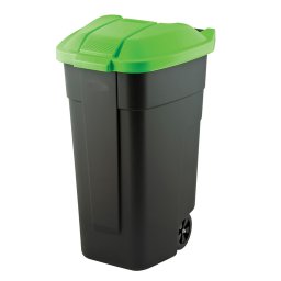 Tomberon de gunoi de gradina, spatii comerciale mici, Keter, colectia Refuse, polipropilena, pentru uz casnic si deseuri, negru, capac verde, maner central, roti solide, maner ergonomic, 110 L