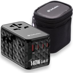 Adaptor calatorie universal Verbatim 32125 GaN III, 140W, 2 x USB-C® PD 3.1 & QC 4+ 140W, 1 x USB-C PD 3.0 18W / 1 x USB-A QC 3.0 18W, Negru