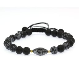 Bratara cu Obsidian Fulg de Zapada si Hematit Cap de Sai Baba - Margele Gold Filled - Inchidere Siret - 8 mm