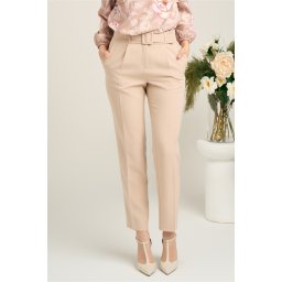 Pantaloni DY Fashion office din stofa bej cu buzunare si curea in talie