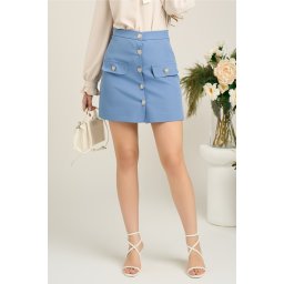 Fusta DY Fashion scurta office din stofa bleu cu nasturi